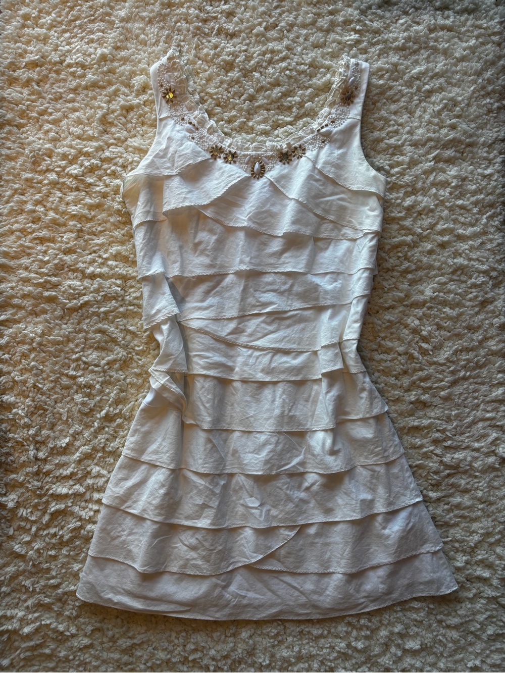 SL Fashions White Tiered Ruffle Dress with Beaded Neckline